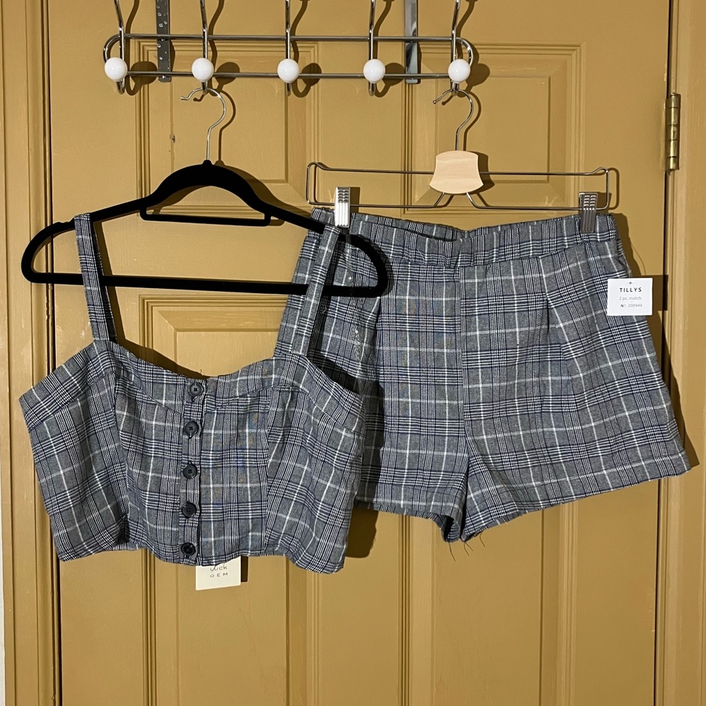 Tillys good luck gem crop top short set coord plaid medium large cute summer - Picture 1 of 8